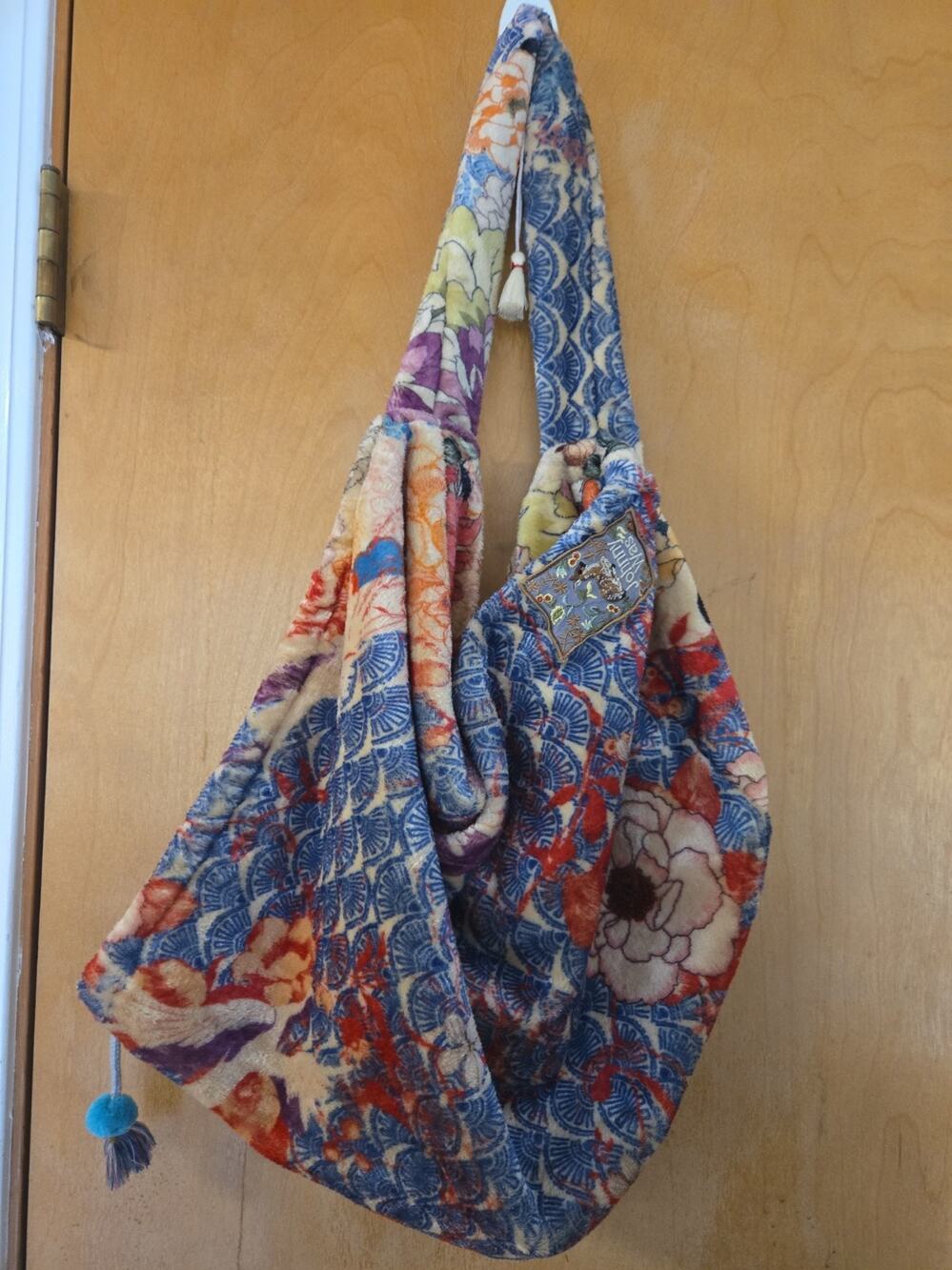 Johnny Was Floral Plush Fleece Drawstring Hobo Shoulder Bag Boho Luxe 14x20